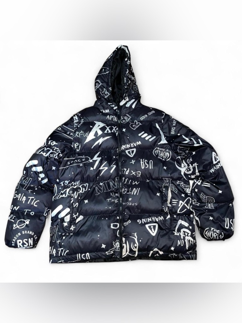 Black graphic puffer jacket